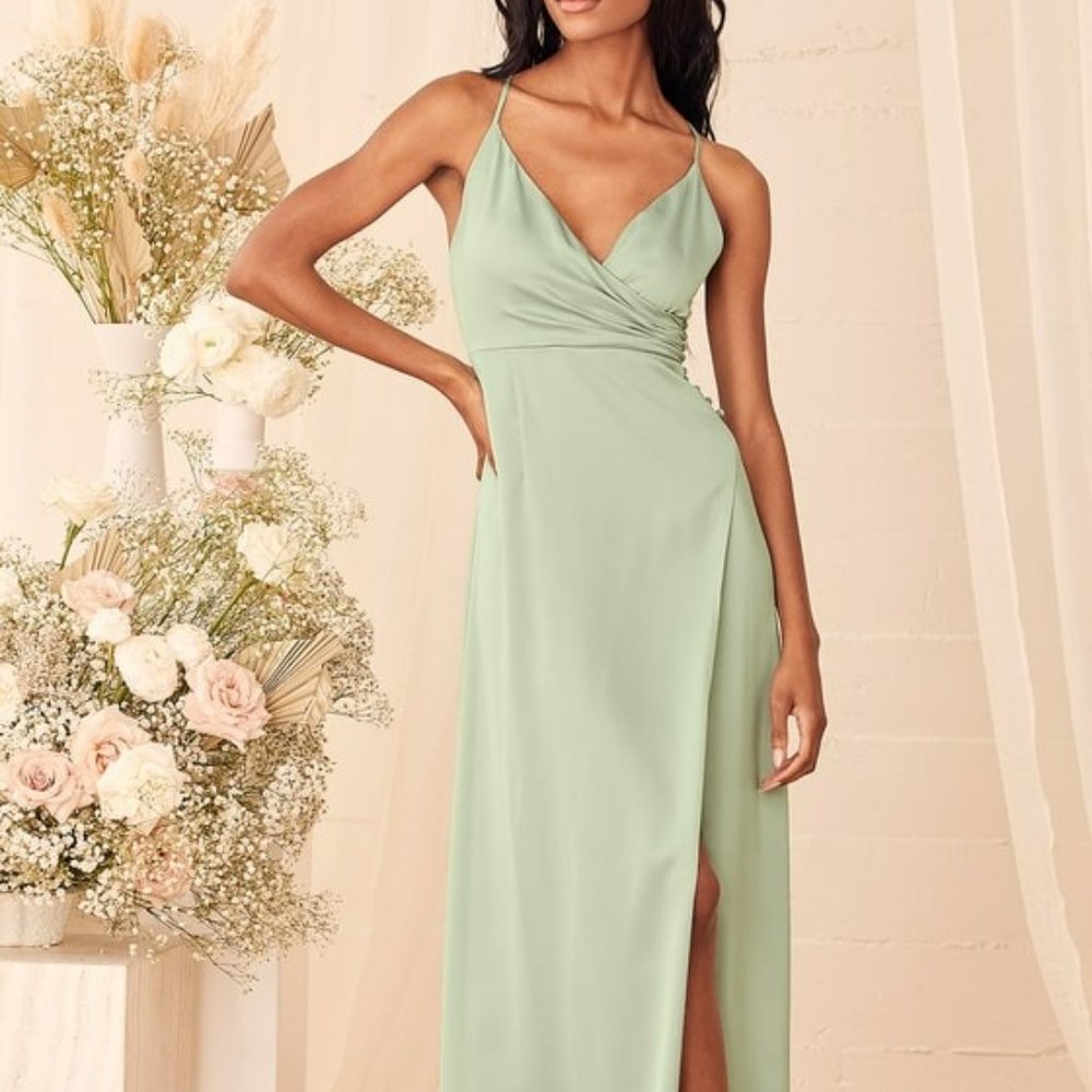 Lulu's 'Outstanding Elegance' Sage Green Satin Surplice Maxi Dress - (S)